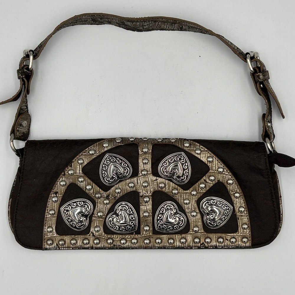 Gabaangs Y2K Silver Heart Metal Studs Distressed Western Handbag Purse Envelope